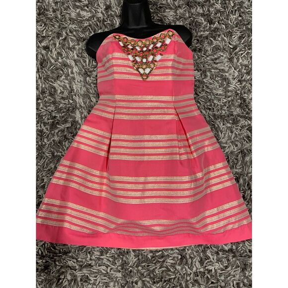 Lilly Pulitzer Strapless Pink and Gold Dress size 6 - Picture 2 of 7